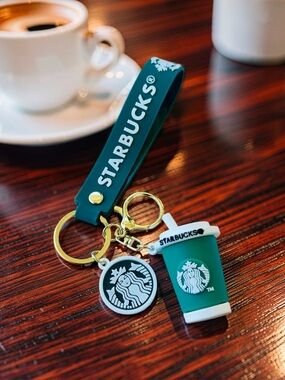 🇺🇸 PROMO! STARBUCKS Green Silicone Strap Keychain Gold Hardware